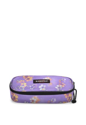 Astuccio viola con stampa floreale nei toni del giallo, bianco e rosa. Presenta una chiusura a zip e un'etichetta nera con marchio sul fronte.