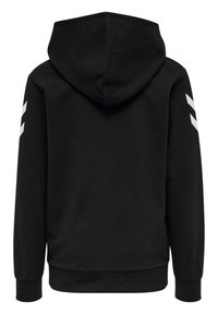 Black hoodie with a large hood, ribbed cuffs, and hem. Features three white diagonal stripes on each shoulder. Soft material texture.