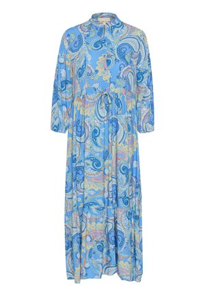 Blaues Kleid mit Paisleymuster, Kragen, drei Viertelärmeln und einem Kordelzug in der Taille. Leichter Stoff mit fließender Silhouette.