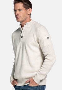 Licht beige gebreide trui met een hoge kraag, een drieknoopsluiting, geribde manchetten en zoom. De stof heeft een zachte textuur en een subtiel patroon.