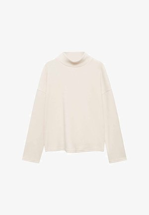 Bledová krémová roláková blúzka s dlhými rukávmi a voľným strihom, vyrobená z mäkkého materiálu, s padnutými ramenami a rovným spodným okrajom.