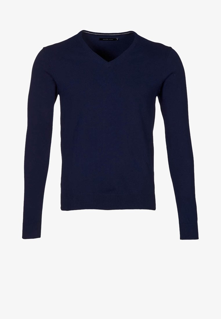 Marinblå V-ringad tröja, tillverkad av mjukt stickat tyg, med långa ärmar och ribbade muddar och fåll för en fitted look.