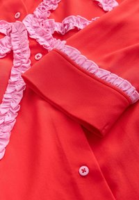 Punane pluus, mille esiküljel on roosad volangid. Sellel on roosad nööbid ja sile pind. Ka krae on volangidega kaunistatud.