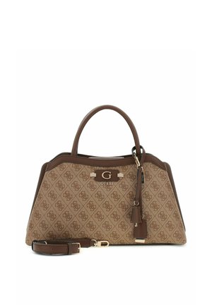 Sac à main Guess marron avec imprimé logo à motif, poignées supérieures, bandoulière amovible et détails en métal doré.