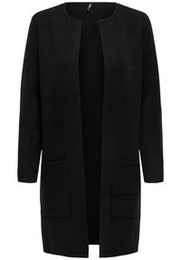 Černý dlouhý kardigan volného střihu, kulatý výstřih, otevřený přední díl a dvě přední kapsy. Vyrobeno z měkké, strukturované látky.