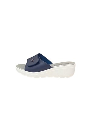 Sandalo zeppa blu navy con punta aperta, suola bianca e cinturino regolabile sulla parte superiore.