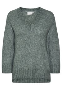 Pull à col en V dans une teinte de vert doux, fabriqué en tissu tricoté doux et texturé. Présente des manches amples et des ourlets côtelés pour un détail supplémentaire.