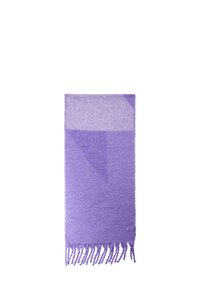Écharpe tissée violette avec des nuances variées, présentant une surface texturée et des bords frangés, conçue dans une forme rectangulaire.