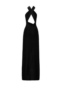 Abito lungo nero con scollo all'americana e spalline incrociate, caratterizzato da un corpetto aderente e una silhouette fluida realizzata in tessuto morbido.