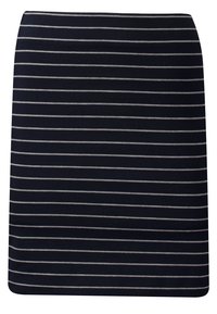 Tmavě modrá tužková sukně s horizontálními bílými pruhy. Vyrobena z elastického materiálu, má přiléhavý střih a hladkou strukturu.