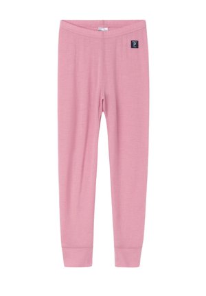 Leggings roses doux ajustés avec taille élastique et petite étiquette noire de la marque en haut à gauche.