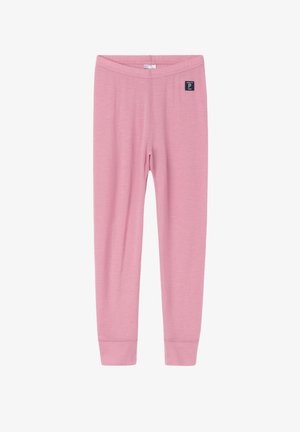 Leggings roses doux ajustés avec taille élastique et petite étiquette noire de la marque en haut à gauche.