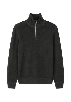 Dunkelgrauer Pullover mit hohem Kragen und einem Viertelreißverschluss. Aus weichem Stoff gefertigt, mit gerippten Bündchen und Saum. Klassisches, minimalistisches Design.