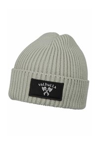 Light gray ribbed knit beanie with folded cuff featuring a black patch labeled "valhalla" and crossed axes logo.