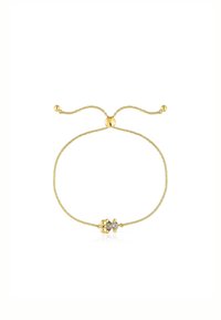 Bracciale in oro con design intrecciato, dotato di un centro in cristallo e chiusura scorrevole regolabile con perline rotonde.