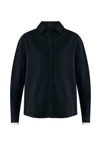 Černá košile na knoflíky s klasickým límcem, dlouhými rukávy a kontrastními bílými manžetami, vyrobená z hladké tkaniny. Rovný lem, bez vzorů.