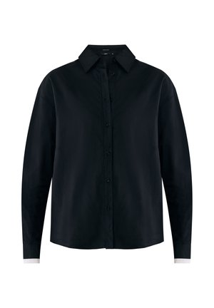 Schwarze Hemdbluse mit klassischem Kragen, langen Ärmeln und kontrastierenden weißen Manschetten, aus glattem Stoff. Gerade Saumlinie, ohne Muster.