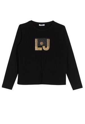 Schwarzes Langarmshirt mit einem goldenen Glitzer-"LJ"-Logo in der Mitte der Brust und einem runden Ausschnitt.