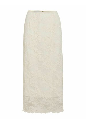 Weißer Spitzen-Bleistiftrock mit Blumenmuster, ausgestattet mit einem gewellten Saum und einem dezenten Reißverschluss auf der Rückseite, mittellange Ausführung.