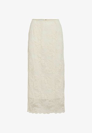 Weißer Spitzen-Bleistiftrock mit Blumenmuster, ausgestattet mit einem gewellten Saum und einem dezenten Reißverschluss auf der Rückseite, mittellange Ausführung.