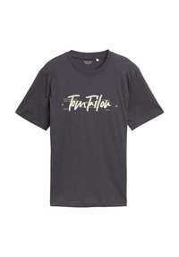 Camiseta de algodón gris oscuro con mangas cortas. Presenta un diseño de logo y texto en blanco en la parte delantera. Estilo de cuello redondo con un ajuste relajado.