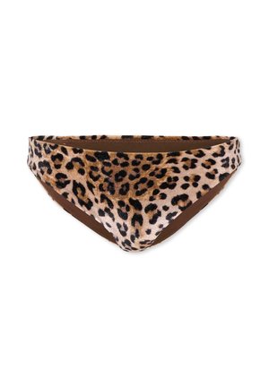 Slip bikini con stampa leopardata e fodera interna marrone, mostrato disteso su sfondo bianco.