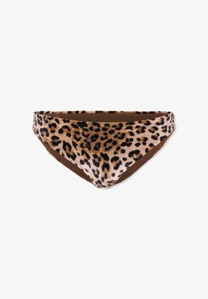 Slip bikini con stampa leopardata e fodera interna marrone, mostrato disteso su sfondo bianco.
