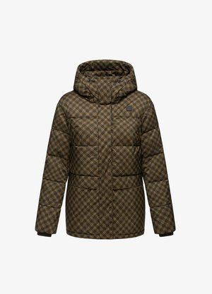 Brown puffer jacket with a hood, featuring a geometric pattern, quilted design, and elastic cuffs. Includes two front pockets and logo detailing.