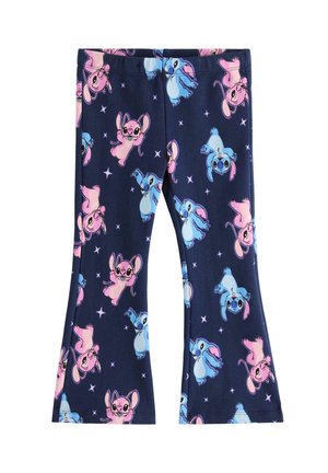 Navy blue pants with pink and blue cartoon characters and small white stars printed all over, designed for children.