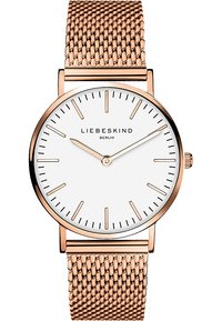Rosegold-Uhr mit einem Mesh-Armband, weißem Zifferblatt, schlanken Zeigern und minimalistischen Stundenmarkierungen. Der Markenname "LIEBESKIND" ist unterhalb der 12 Uhr-Position angezeigt.
