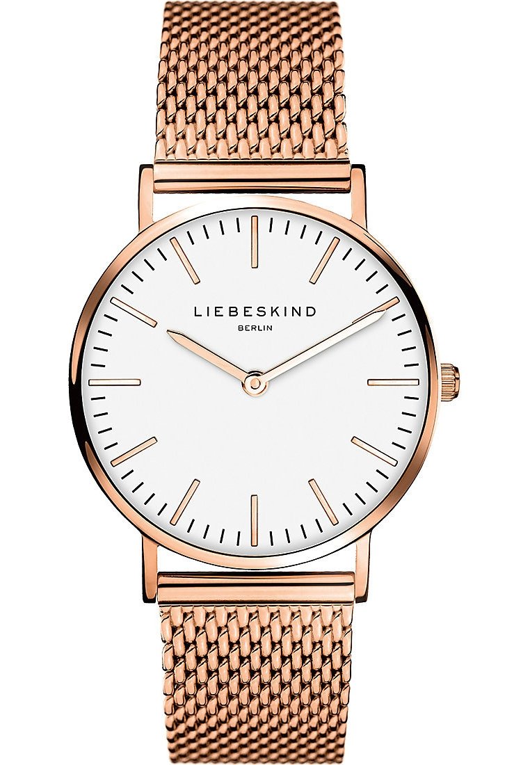 Rosegold-Uhr mit einem Mesh-Armband, weißem Zifferblatt, schlanken Zeigern und minimalistischen Stundenmarkierungen. Der Markenname "LIEBESKIND" ist unterhalb der 12 Uhr-Position angezeigt.