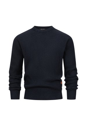 Maglione a coste blu navy con scollatura a girocollo e maniche lunghe. Presenta una superficie testurizzata e un piccolo etichetta di marca sul lato.