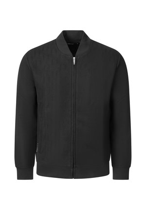 Black zip-up bomber jacket with ribbed collar, cuffs, and hem, displayed on a white background.