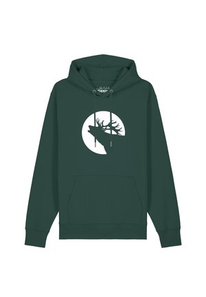 Dunkelgrüner Hoodie mit Kängurutasche und weißem Kreis-Logo, das die Silhouette eines Hirschkopfs mit großen Geweihen zeigt.
