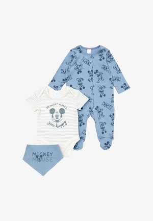 Blue baby romper, white striped onesie with Mickey Mouse and "Do what makes you happy," and blue bandana bib with Mickey Mouse text.