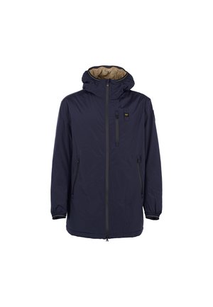 Giacca leggera blu navy con cappuccio, chiusura zippata, due tasche laterali e polsini elastici; presenta una fodera interna contrastante color sabbia.