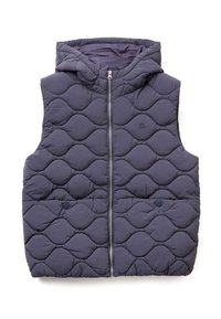 Vycpaná bezrukávová vesta v tmavě fialov é barvě s prošívaným vzorem, přední zipový uzávěr a kapuce. Obsahuje dvě boční kapsy na zip.