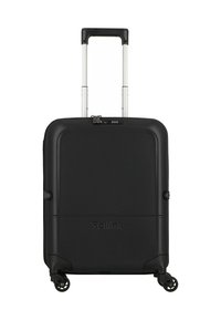 Valise rigide noire avec une finition texturée, poignée télescopique, quatre roues et un cadenas à combinaison à l'avant. Nom de la marque visible.