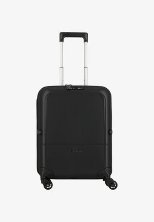 Valise rigide noire avec une finition texturée, poignée télescopique, quatre roues et un cadenas à combinaison à l'avant. Nom de la marque visible.