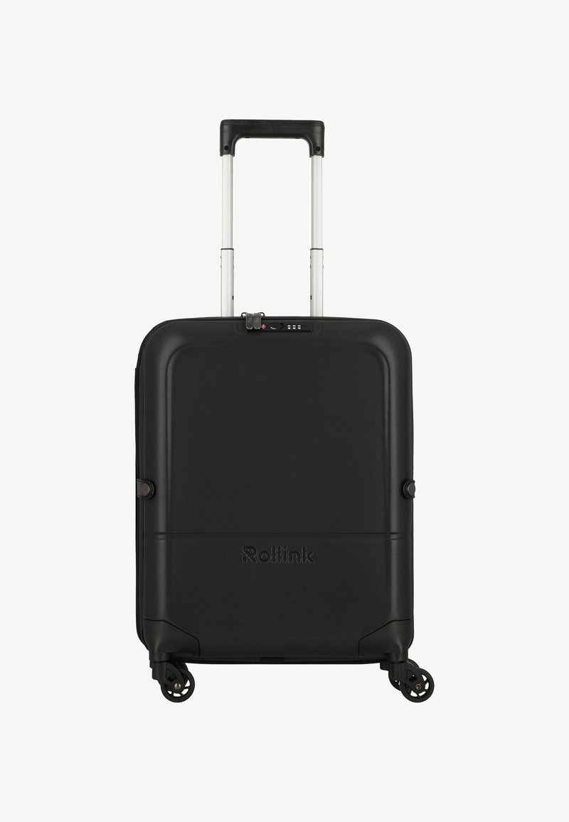 Valise rigide noire avec une finition texturée, poignée télescopique, quatre roues et un cadenas à combinaison à l'avant. Nom de la marque visible.