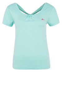 Jasnoniebieska koszulka z krótkim rękawem, z okrągłym dekoltem i krzyżującym się tyłem. Posiada marszczenie na środku przodu oraz małe logo.
