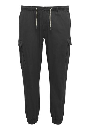 Schwarze Cargo-Hosen aus leichtem Stoff, mit einem elastischen Bund, verstellbarem Kordelzug und seitlichen Taschen. Elastische Bündchen an den Knöcheln.