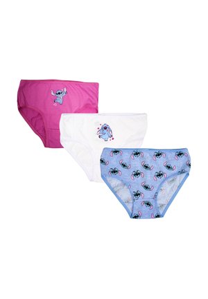 Trois paires de slips en coton pour enfants : rose avec un imprimé de personnage, blanc avec un personnage, et bleu clair avec un motif de personnage répété.