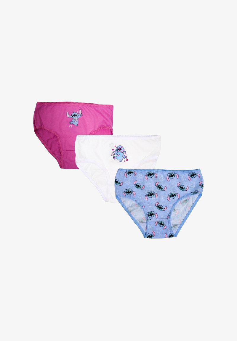 Drie paar kinderondergoed van katoen: roze met een figuurprint, wit met een figuur en lichtblauw met een herhaald figuurpatroon.