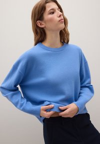 Lichtblauwe trui van zacht materiaal, met een ronde halslijn, geribbelde manchetten en een losse pasvorm. Geen patronen of opvallende hardware zichtbaar.