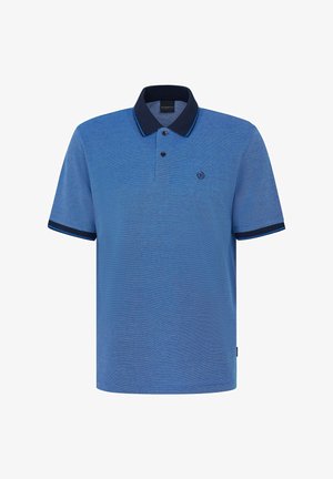Blaues Poloshirt aus strukturiertem Stoff mit marinefarbenem Kragen und kontrastierendem blauen Akzent an den Manschetten. Mit zwei Knöpfen und einem Logo auf der Brust.