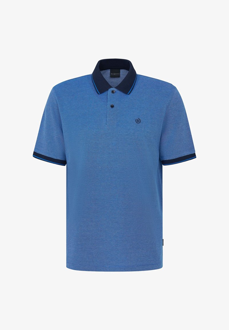 Blue polo shirt with a textured fabric, navy collar, and contrasting blue accent on cuffs. Features two buttons and a logo on the chest.