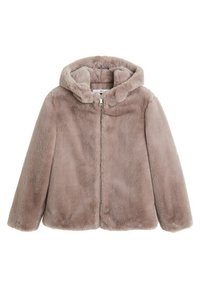 Veste à capuche en fausse fourrure marron clair avec fermeture éclair à l'avant et manches longues.