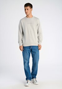 Felpa grigio chiaro con scollo tondo e polsini a costine, abbinata a jeans blu a gamba dritta. Le sneaker presentano un dettaglio multicolore.