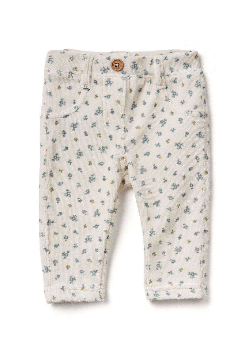 Romper voor peuters in crèmekleur met kleine blauwe en gele bloemenprint, voorzien van een houten knoop en twee voorzakken. Gelaagd corduroy stof.
